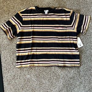 Billabong Black Tee with Mustard, Pink & Green Stripes